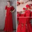 Flower Fairy Red Evening Dresses  2018 A-Line / Princess Scoop Neck 1/2 Sleeves Appliques Flower Beading Pearl Rhinestone Floor-Length / Long Ruffle Backless Pierced Formal Dresses