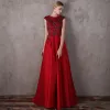 Elegant Red Evening Dresses  2018 A-Line / Princess Scoop Neck Sleeveless Beading Sequins Sweep Train Ruffle Backless Formal Dresses