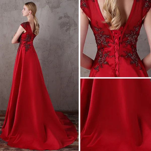 Élégant Rouge Robe De Soirée 2018 Princesse Encolure Dégagée Sans Manches Perlage Paillettes Train De Balayage Volants Dos Nu Robe De Ceremonie