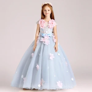 Flower Fairy Sky Blue Flower Girl Dresses 2017 Ball Gown Scoop Neck Cap Sleeves Appliques Flower Floor Length Long Ruffle Backless Wedding Party Dresses
