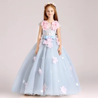 Fée Des Fleurs Bleu Ciel Robe Ceremonie Fille 2017 Robe Boule Encolure Dégagée Mancherons Appliques Fleur Longue Volants Dos Nu Robe Pour Mariage