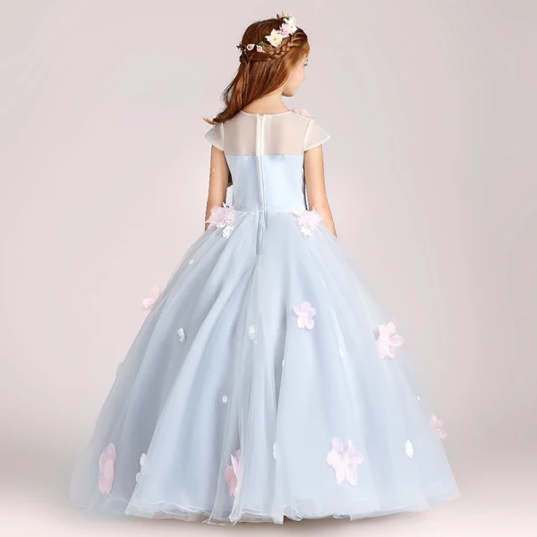 Flower Fairy Sky Blue Flower Girl Dresses 2017 Ball Gown Scoop Neck Cap Sleeves Appliques Flower Floor-Length / Long Ruffle Backless Wedding Party Dresses