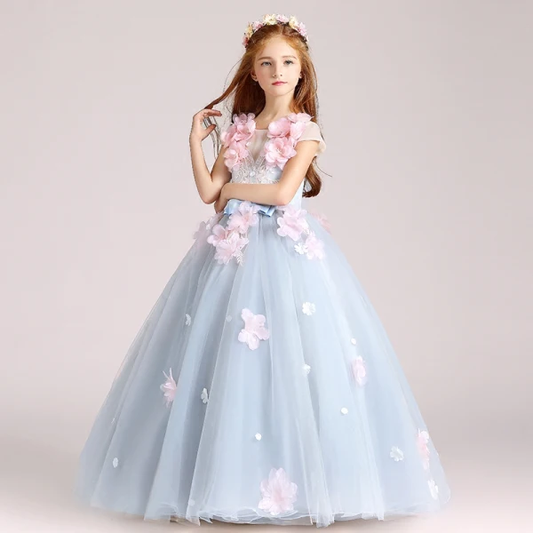 Flower Fairy Sky Blue Flower Girl Dresses 2017 Ball Gown Scoop Neck Cap Sleeves Appliques Flower Floor-Length / Long Ruffle Backless Wedding Party Dresses