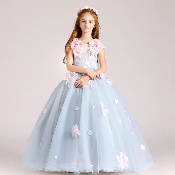 Flower Fairy Sky Blue Flower Girl Dresses 2017 Ball Gown Scoop Neck Cap Sleeves Appliques Flower Floor-Length / Long Ruffle Backless Wedding Party Dresses