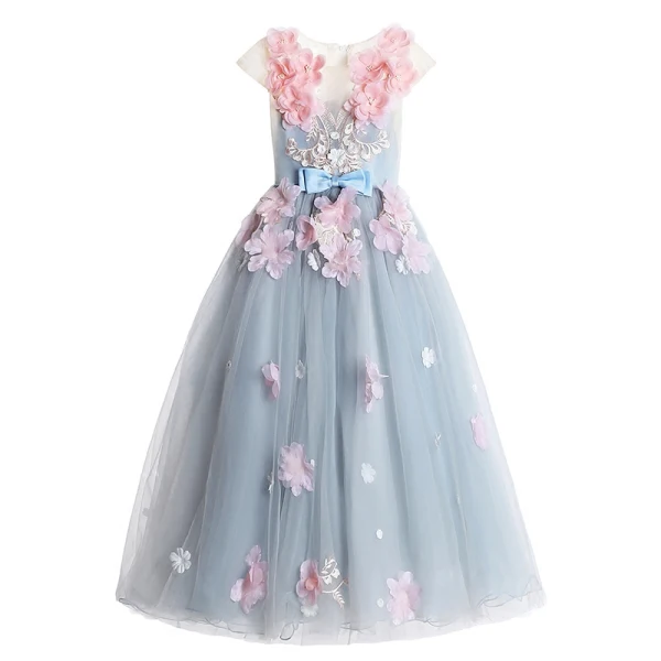 Flower Fairy Sky Blue Flower Girl Dresses 2017 Ball Gown Scoop Neck Cap Sleeves Appliques Flower Floor-Length / Long Ruffle Backless Wedding Party Dresses