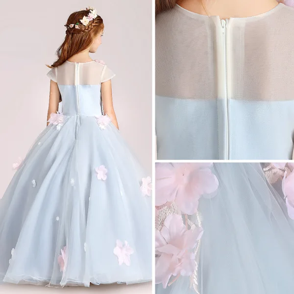 Flower Fairy Sky Blue Flower Girl Dresses 2017 Ball Gown Scoop Neck Cap Sleeves Appliques Flower Floor-Length / Long Ruffle Backless Wedding Party Dresses