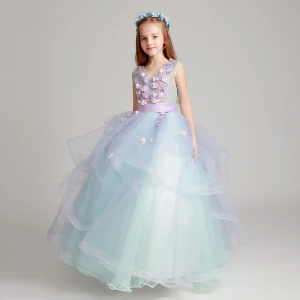 Flower Fairy Sky Blue Lavender Flower Girl Dresses 2017 Ball Gown V Neck Sleeveless Appliques Flower Sash Floor Length Long Cascading Ruffles Wedding Party Dresses