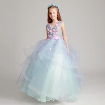 Fée Des Fleurs Bleu Ciel Lavande Robe Ceremonie Fille 2017 Robe Boule V Cou Sans Manches Appliques Fleur Ceinture Longue Volants En Cascade Robe Pour Mariage