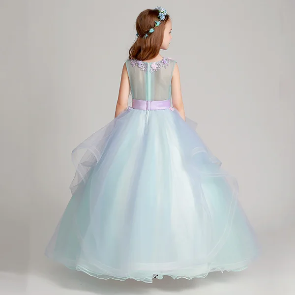 Flower Fairy Sky Blue Lavender Flower Girl Dresses 2017 Ball Gown V-Neck Sleeveless Appliques Flower Sash Floor-Length / Long Cascading Ruffles Wedding Party Dresses