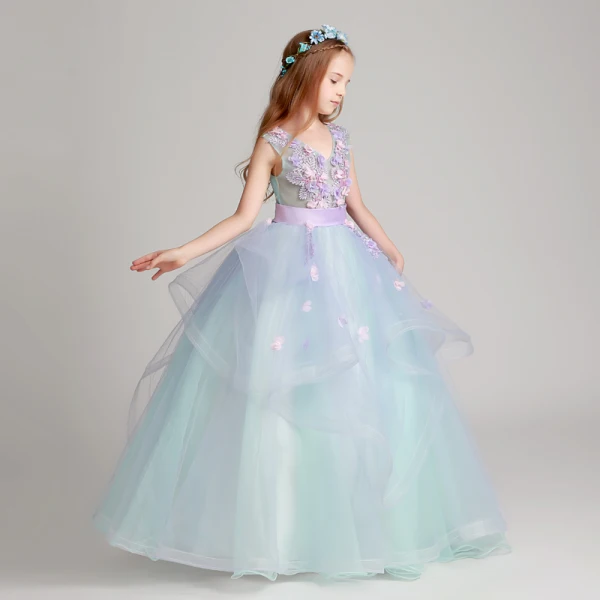 Flower Fairy Sky Blue Lavender Flower Girl Dresses 2017 Ball Gown V-Neck Sleeveless Appliques Flower Sash Floor-Length / Long Cascading Ruffles Wedding Party Dresses