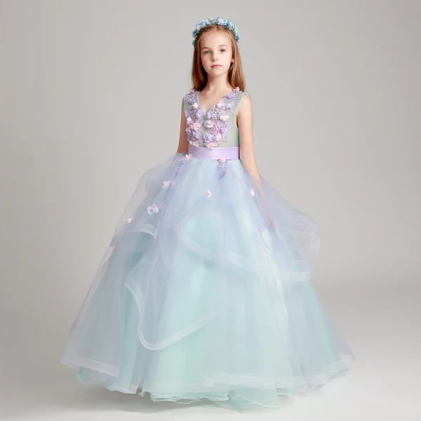 Flower Fairy Sky Blue Lavender Flower Girl Dresses 2017 Ball Gown V-Neck Sleeveless Appliques Flower Sash Floor-Length / Long Cascading Ruffles Wedding Party Dresses