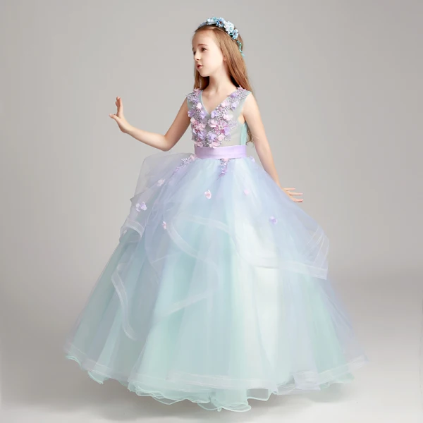Flower Fairy Sky Blue Lavender Flower Girl Dresses 2017 Ball Gown V-Neck Sleeveless Appliques Flower Sash Floor-Length / Long Cascading Ruffles Wedding Party Dresses
