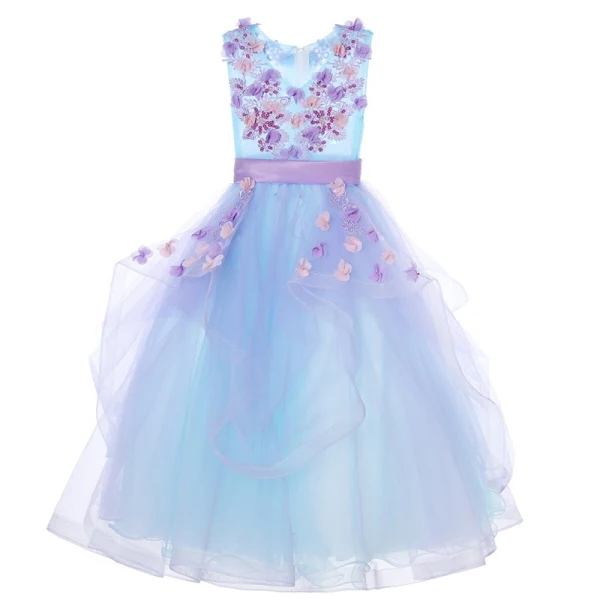 Flower Fairy Sky Blue Lavender Flower Girl Dresses 2017 Ball Gown V-Neck Sleeveless Appliques Flower Sash Floor-Length / Long Cascading Ruffles Wedding Party Dresses