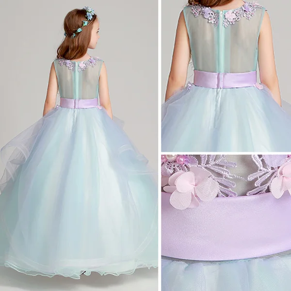 Flower Fairy Sky Blue Lavender Flower Girl Dresses 2017 Ball Gown V-Neck Sleeveless Appliques Flower Sash Floor-Length / Long Cascading Ruffles Wedding Party Dresses