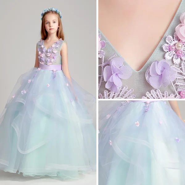 Flower Fairy Sky Blue Lavender Flower Girl Dresses 2017 Ball Gown V-Neck Sleeveless Appliques Flower Sash Floor-Length / Long Cascading Ruffles Wedding Party Dresses