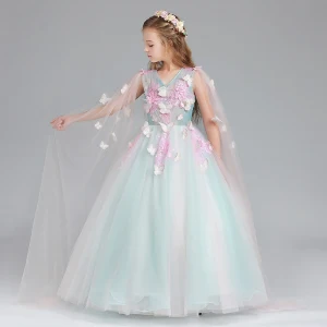 Chic Beautiful Pool Blue Candy Pink Flower Girl Dresses 2017 Ball Gown V Neck Sleeveless Appliques Butterfly Sequins Floor Length Long Ruffle Wedding Party Dresses