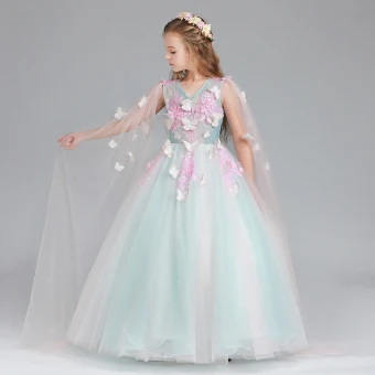 Chic Belle Bleu Rose Bonbon Robe Ceremonie Fille 2017 Robe Boule V Cou Sans Manches Appliques Papillon Paillettes Longue Volants Robe Pour Mariage