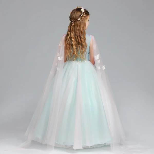 Chic / Beautiful Pool Blue Candy Pink Flower Girl Dresses 2017 Ball Gown V-Neck Sleeveless Appliques Butterfly Sequins Floor-Length / Long Ruffle Wedding Party Dresses