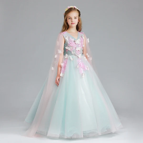 Chic / Beautiful Pool Blue Candy Pink Flower Girl Dresses 2017 Ball Gown V-Neck Sleeveless Appliques Butterfly Sequins Floor-Length / Long Ruffle Wedding Party Dresses