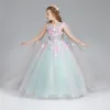 Chic / Beautiful Pool Blue Candy Pink Flower Girl Dresses 2017 Ball Gown V-Neck Sleeveless Appliques Butterfly Sequins Floor-Length / Long Ruffle Wedding Party Dresses