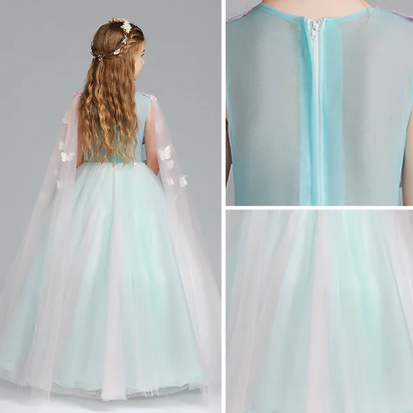 Chic / Beautiful Pool Blue Candy Pink Flower Girl Dresses 2017 Ball Gown V-Neck Sleeveless Appliques Butterfly Sequins Floor-Length / Long Ruffle Wedding Party Dresses