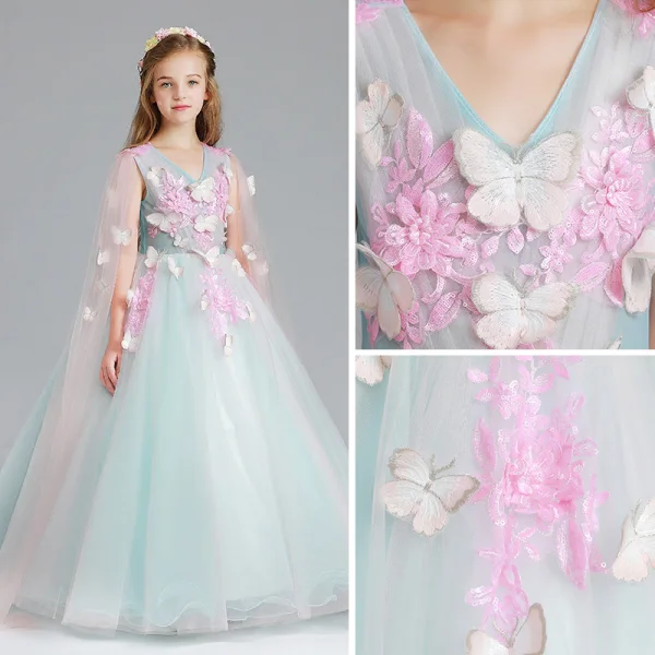 Chic / Beautiful Pool Blue Candy Pink Flower Girl Dresses 2017 Ball Gown V-Neck Sleeveless Appliques Butterfly Sequins Floor-Length / Long Ruffle Wedding Party Dresses