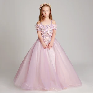 Moderne Mode Lavande Robe Ceremonie Fille 2017 Robe Boule De L Épaule Manches Courtes Appliques Fleur Longue Volants Dos Nu Robe Pour Mariage