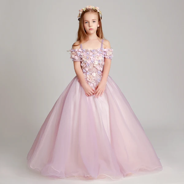 Modern / Fashion Lavender Flower Girl Dresses 2017 Ball Gown Off-The-Shoulder Short Sleeve Appliques Flower Floor-Length / Long Ruffle Backless Wedding Party Dresses