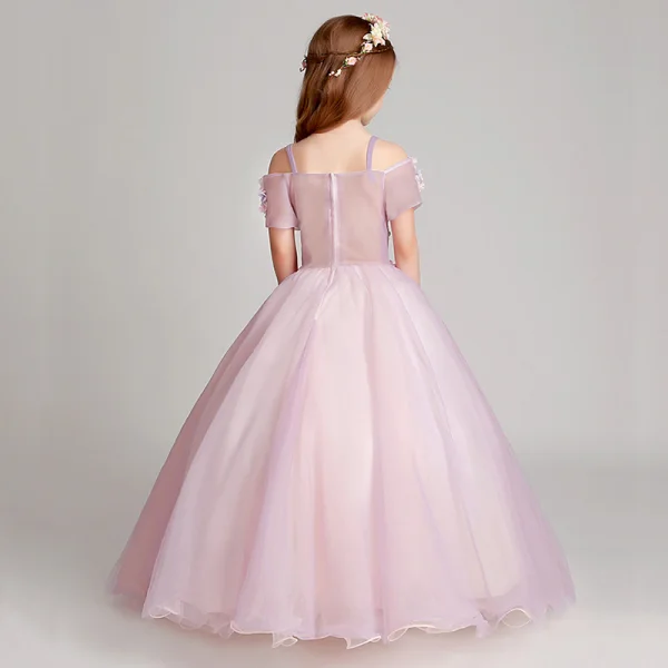 Modern / Fashion Lavender Flower Girl Dresses 2017 Ball Gown Off-The-Shoulder Short Sleeve Appliques Flower Floor-Length / Long Ruffle Backless Wedding Party Dresses