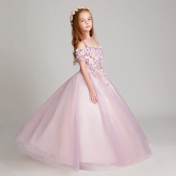 Modern / Fashion Lavender Flower Girl Dresses 2017 Ball Gown Off-The-Shoulder Short Sleeve Appliques Flower Floor-Length / Long Ruffle Backless Wedding Party Dresses
