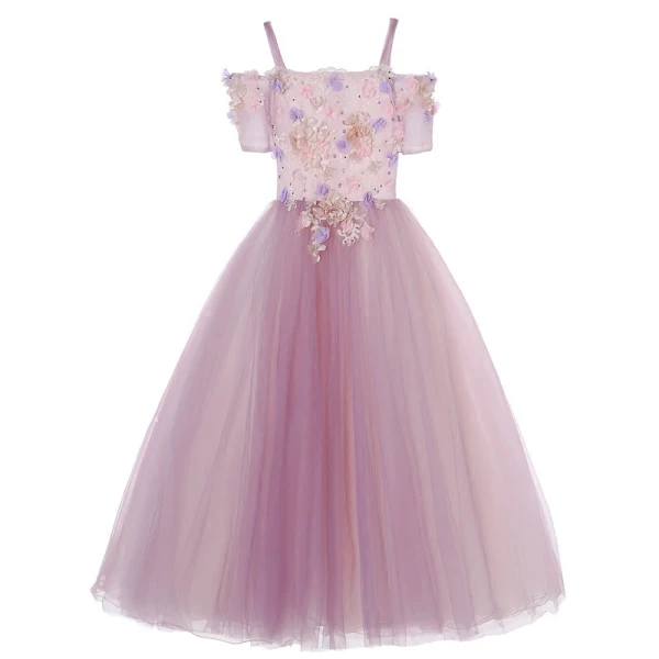 Modern / Fashion Lavender Flower Girl Dresses 2017 Ball Gown Off-The-Shoulder Short Sleeve Appliques Flower Floor-Length / Long Ruffle Backless Wedding Party Dresses