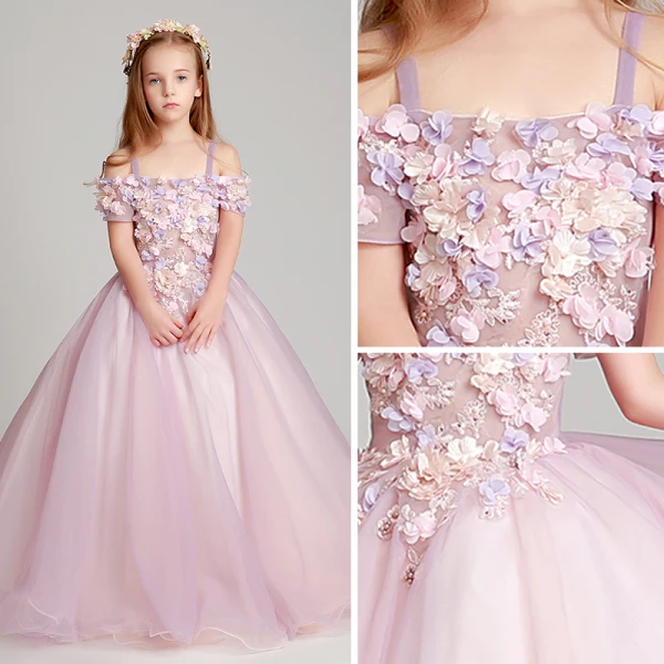 Modern / Fashion Lavender Flower Girl Dresses 2017 Ball Gown Off-The-Shoulder Short Sleeve Appliques Flower Floor-Length / Long Ruffle Backless Wedding Party Dresses