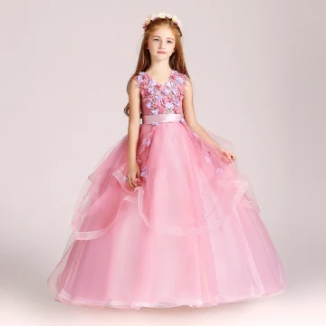 Chic Beautiful Candy Pink Flower Girl Dresses 2017 Ball Gown V Neck Sleeveless Appliques Flower Sash Floor Length Long Cascading Ruffles Wedding Party Dresses