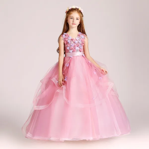 Chic / Beautiful Candy Pink Flower Girl Dresses 2017 Ball Gown V-Neck Sleeveless Appliques Flower Sash Floor-Length / Long Cascading Ruffles Wedding Party Dresses