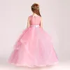 Chic / Beautiful Candy Pink Flower Girl Dresses 2017 Ball Gown V-Neck Sleeveless Appliques Flower Sash Floor-Length / Long Cascading Ruffles Wedding Party Dresses