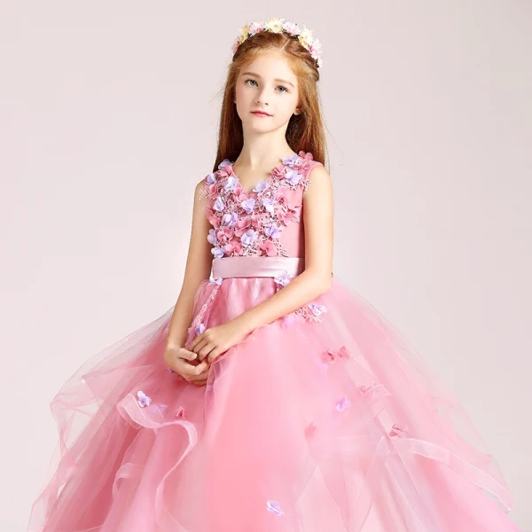 Chic / Beautiful Candy Pink Flower Girl Dresses 2017 Ball Gown V-Neck Sleeveless Appliques Flower Sash Floor-Length / Long Cascading Ruffles Wedding Party Dresses