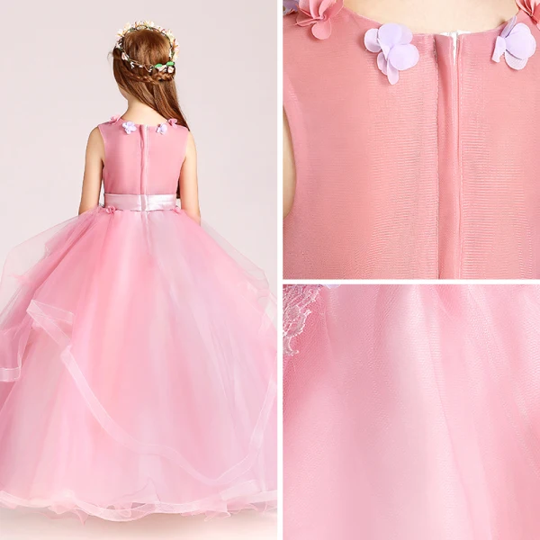 Chic / Beautiful Candy Pink Flower Girl Dresses 2017 Ball Gown V-Neck Sleeveless Appliques Flower Sash Floor-Length / Long Cascading Ruffles Wedding Party Dresses