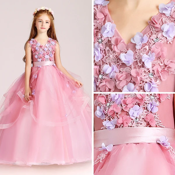 Chic / Beautiful Candy Pink Flower Girl Dresses 2017 Ball Gown V-Neck Sleeveless Appliques Flower Sash Floor-Length / Long Cascading Ruffles Wedding Party Dresses