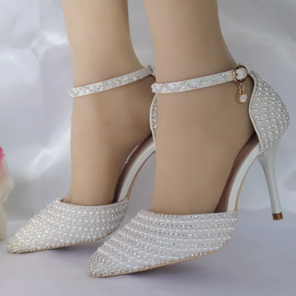 Charmant Sexy Gold Perle Strass Sommer Brautschuhe 2023 Knöchelriemen 9 cm Stilettos Spitzschuh Hochzeit Hochhackige
