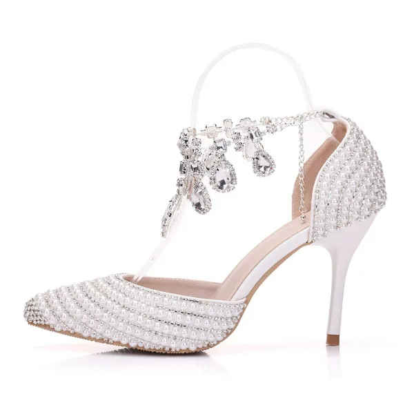 Charmant Weiß Strass Perle Knöchelriemen Brautschuhe 2025 9 cm Stilettos Spitzschuh Hochzeit Hochhackige
