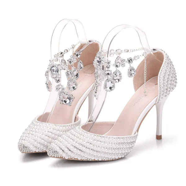 Charmant Weiß Strass Perle Knöchelriemen Brautschuhe 2025 9 cm Stilettos Spitzschuh Hochzeit Hochhackige