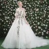 Amazing / Unique Hall Wedding Dresses 2017 Lace Flower Appliques Backless Scoop Neck 1/2 Sleeves Cathedral Train Ivory Ball Gown