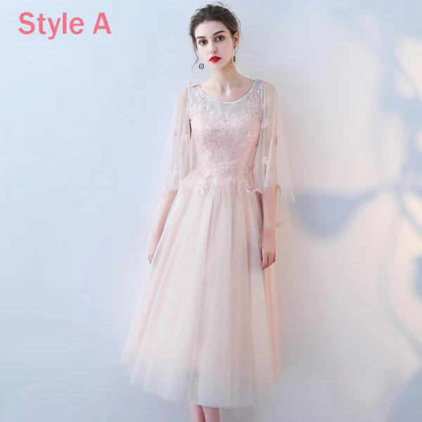 Chic / Belle Perle Rose Robe Demoiselle D'honneur 2018 Princesse Appliques En Dentelle Thé Longueur Volants Dos Nu Robe Pour Mariage