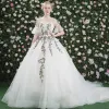 Amazing / Unique Hall Wedding Dresses 2017 Lace Flower Appliques Backless Scoop Neck 1/2 Sleeves Cathedral Train Ivory Ball Gown