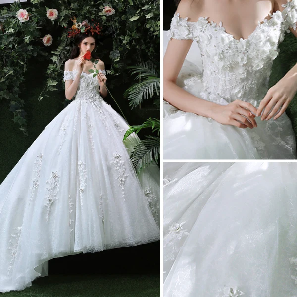 Stunning Wedding Dresses 2018 Ball Gown Off-The-Shoulder Short Sleeve Backless Lace Appliques Flower Ruffle Royal Train