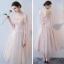 Chic / Belle Perle Rose Robe Demoiselle D'honneur 2018 Princesse Appliques En Dentelle Thé Longueur Volants Dos Nu Robe Pour Mariage