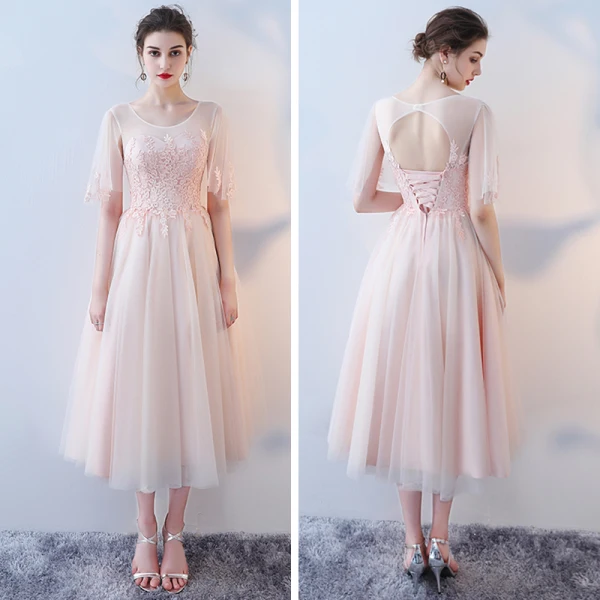 Chic / Belle Perle Rose Robe Demoiselle D'honneur 2018 Princesse Appliques En Dentelle Thé Longueur Volants Dos Nu Robe Pour Mariage