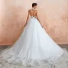 Illusion Ivory Wedding Dresses 2020 Ball Gown Halter Backless Sleeveless Appliques Lace Court Train Ruffle