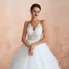 Illusion Ivory Wedding Dresses 2020 Ball Gown Halter Backless Sleeveless Appliques Lace Court Train Ruffle