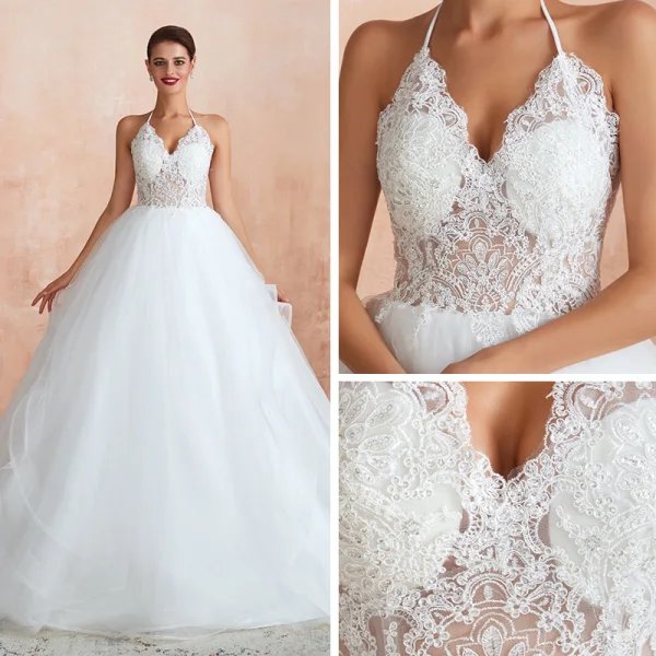 Illusion Ivory Wedding Dresses 2020 Ball Gown Halter Backless Sleeveless Appliques Lace Court Train Ruffle